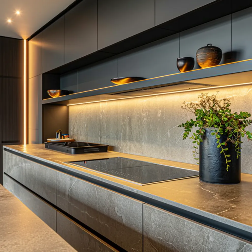 an elegantly designed modern kitchen showcases a variety of striking countertop materials, with sleek finishes and textures under bright, focused lighting that highlights the careful selection process for home design.