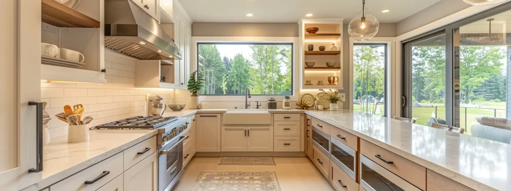 an elegantly staged modern kitchen featuring organized shelves and pristine countertops, showcasing the innovative upkeep strategies of a recent remodel.
